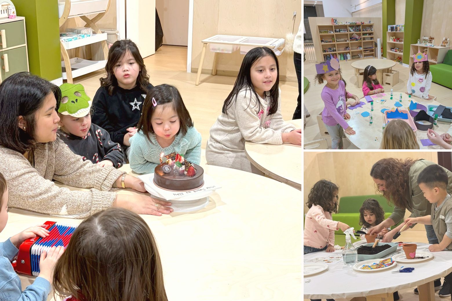 A Boogles Playhouse birthday — the birthday girl blowing out her candles, littles in handmade party crowns, and a guided hands-on activity